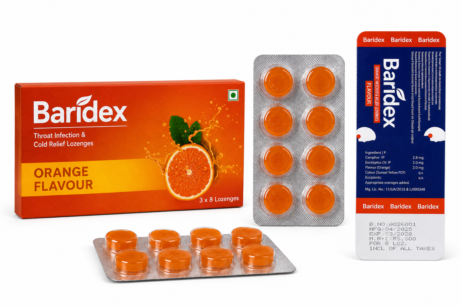 Baridex Orange lozenges pack, blister strip and feature strip